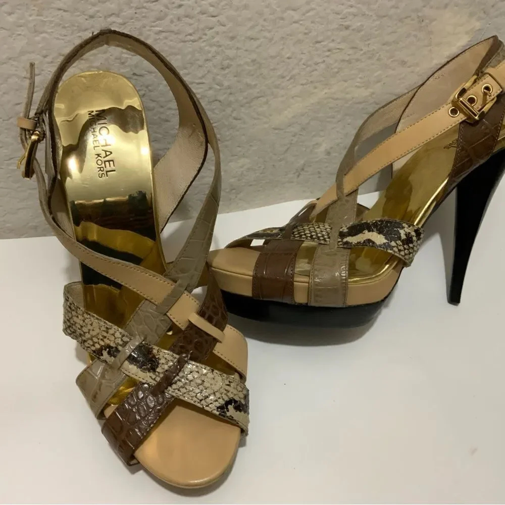Michael Kors Niki Genuine Snakeskin Strappy Heels size 10 heels 5”